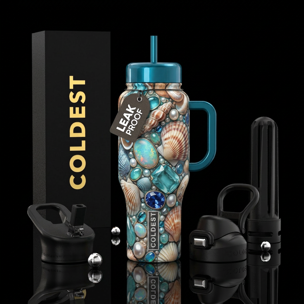Beautiful seashells, jewels of the sea, glossy, tr... water bottle design