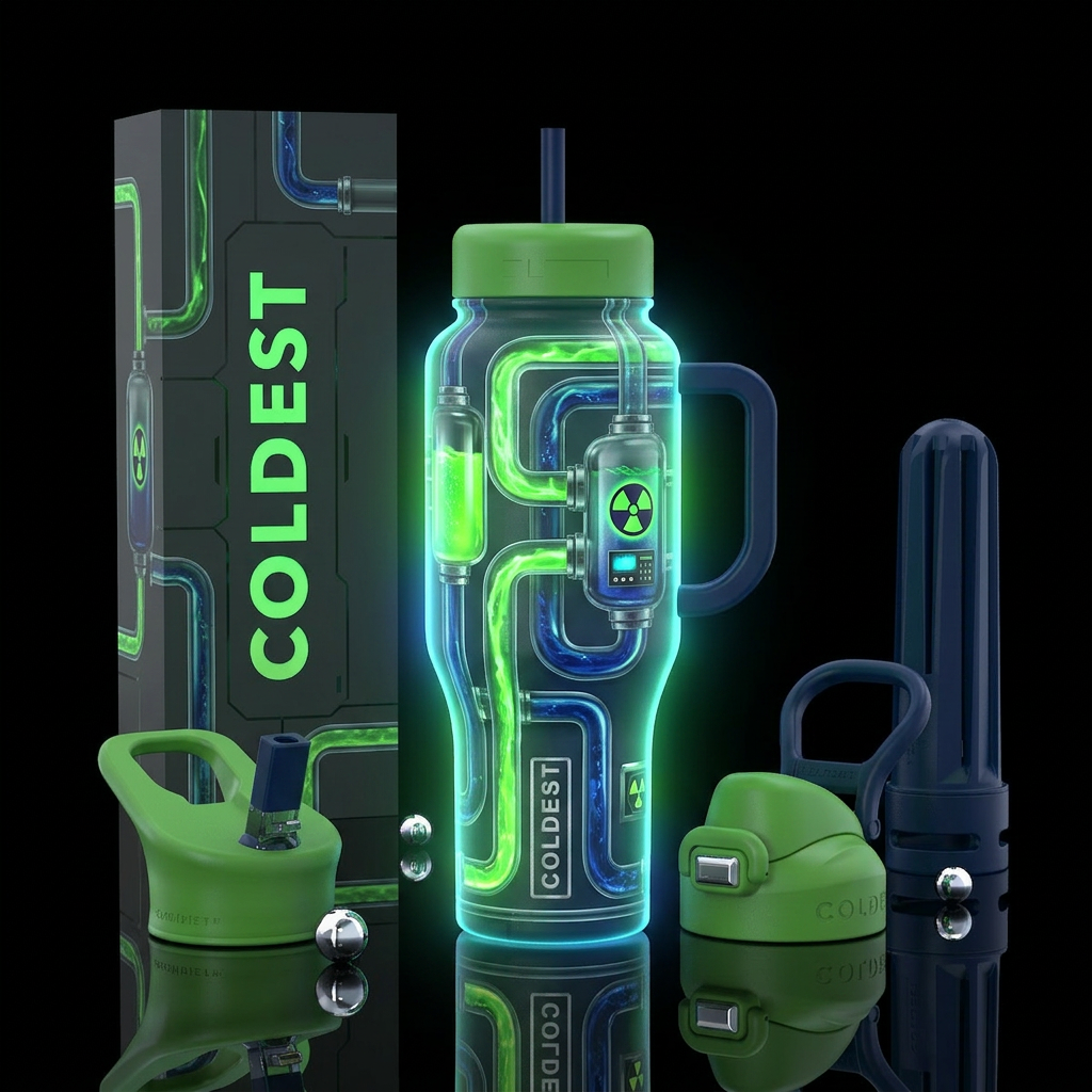 Tubes with radioactive green and blue  liquid flow... water bottle design
