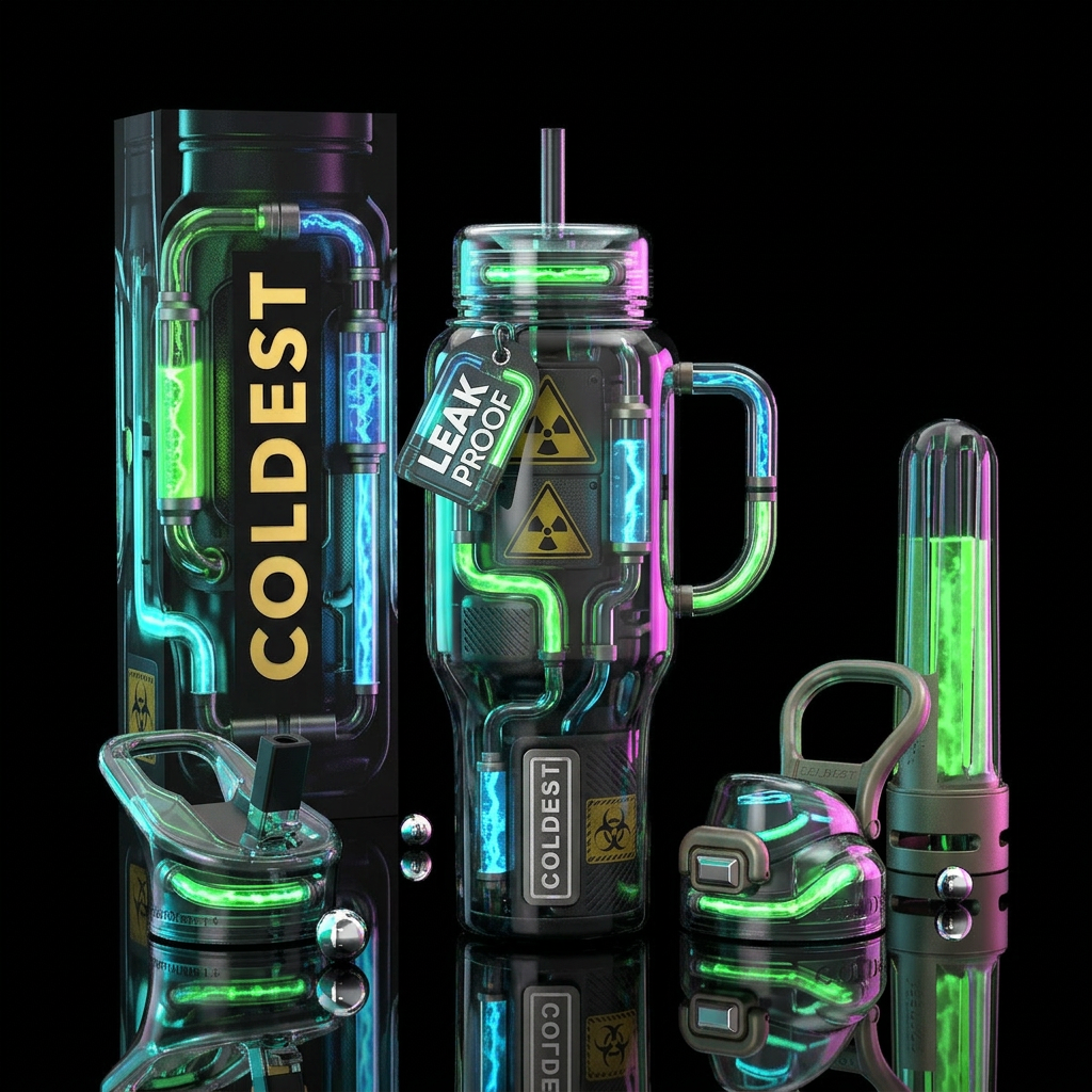 Tubes with radioactive green and blue  liquid flow... water bottle design