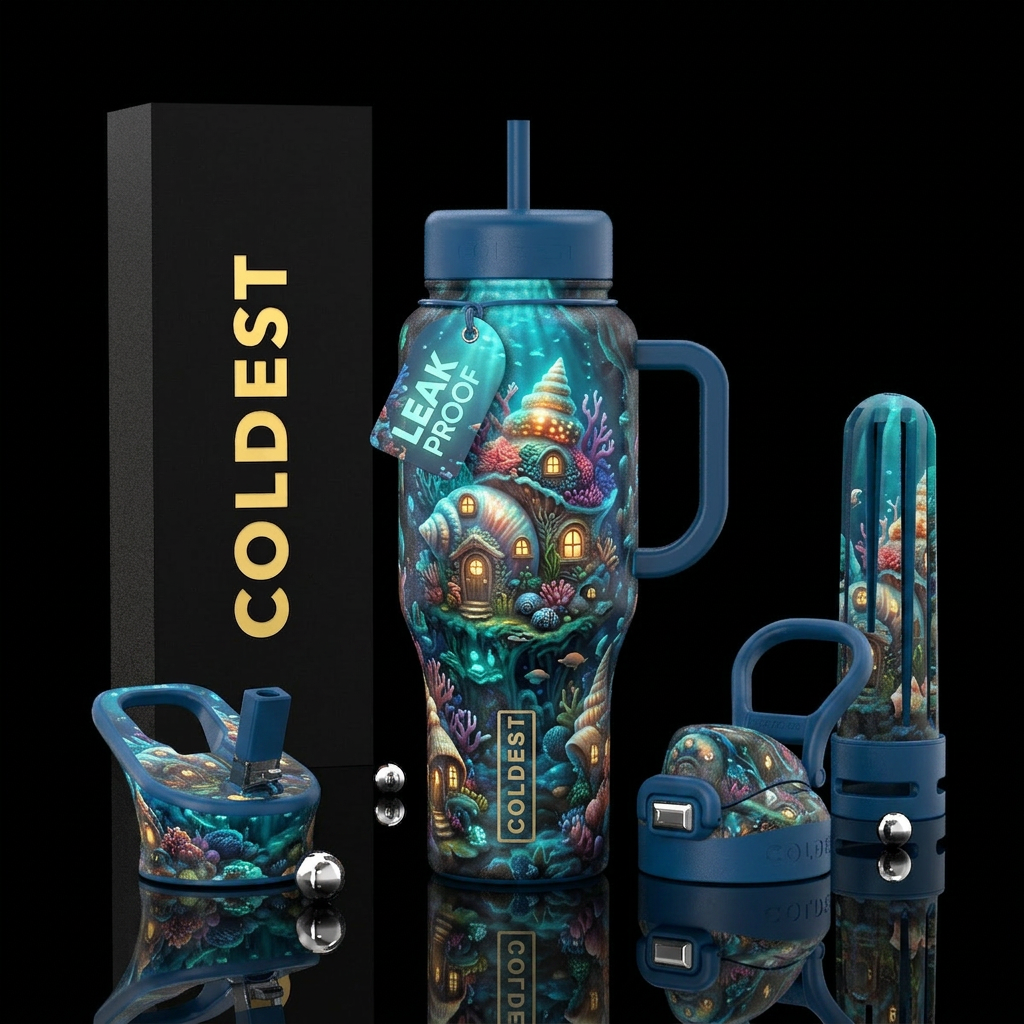 Whimsical seashell homes underwater, glossy, glowi... water bottle design