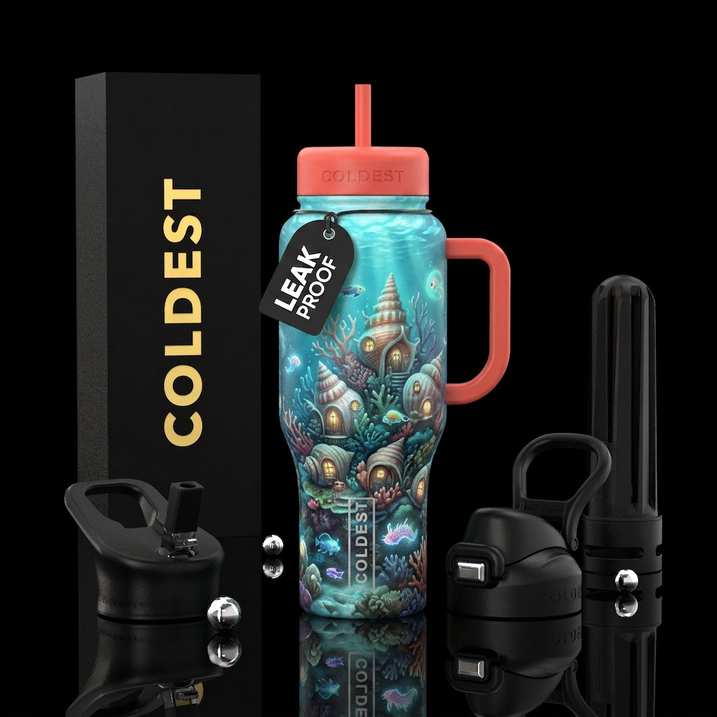 Whimsical seashell homes underwater, glossy, glowi... water bottle design