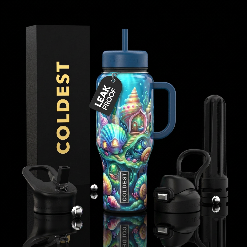 Whimsical seashell homes underwater, glossy, glowi... water bottle design