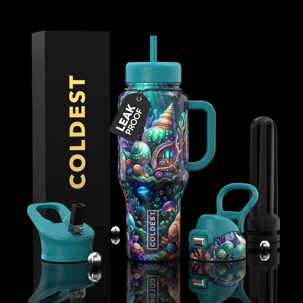 Whimsical seashell homes underwater, glossy, glowi... water bottle design