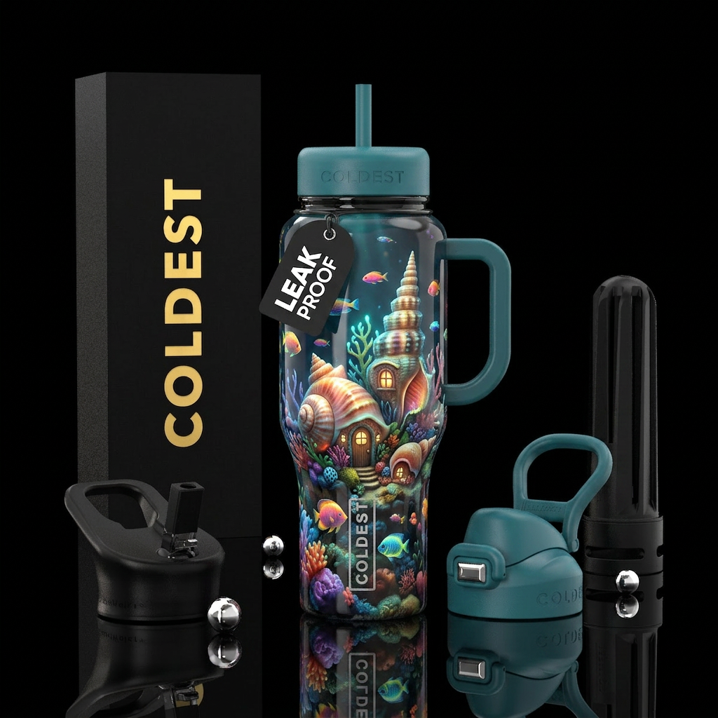 Whimsical seashell homes underwater, glossy, glowi... water bottle design