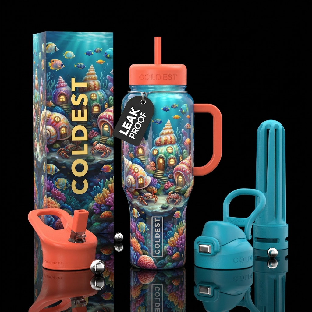 Whimsical seashell homes underwater, glossy, glowi... water bottle design