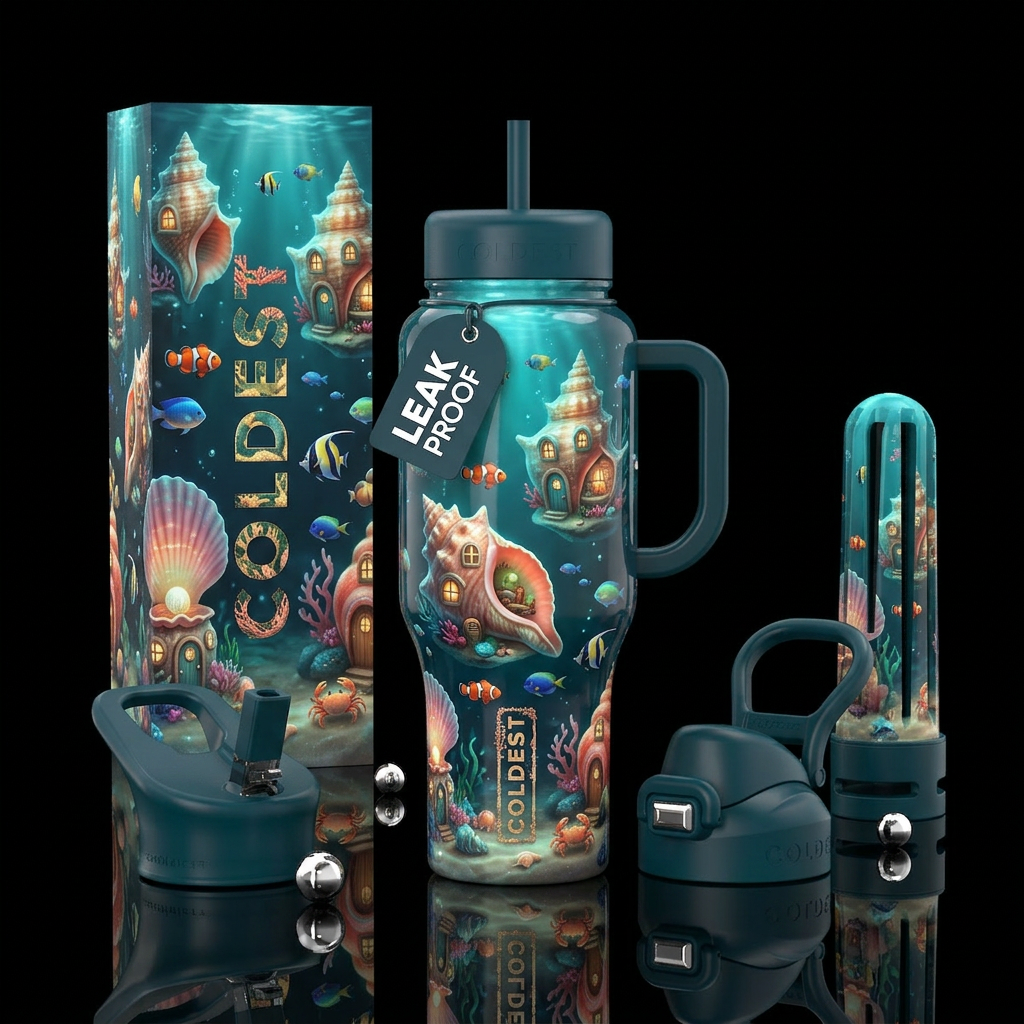 Whimsical seashell homes underwater, glossy, glowi... water bottle design