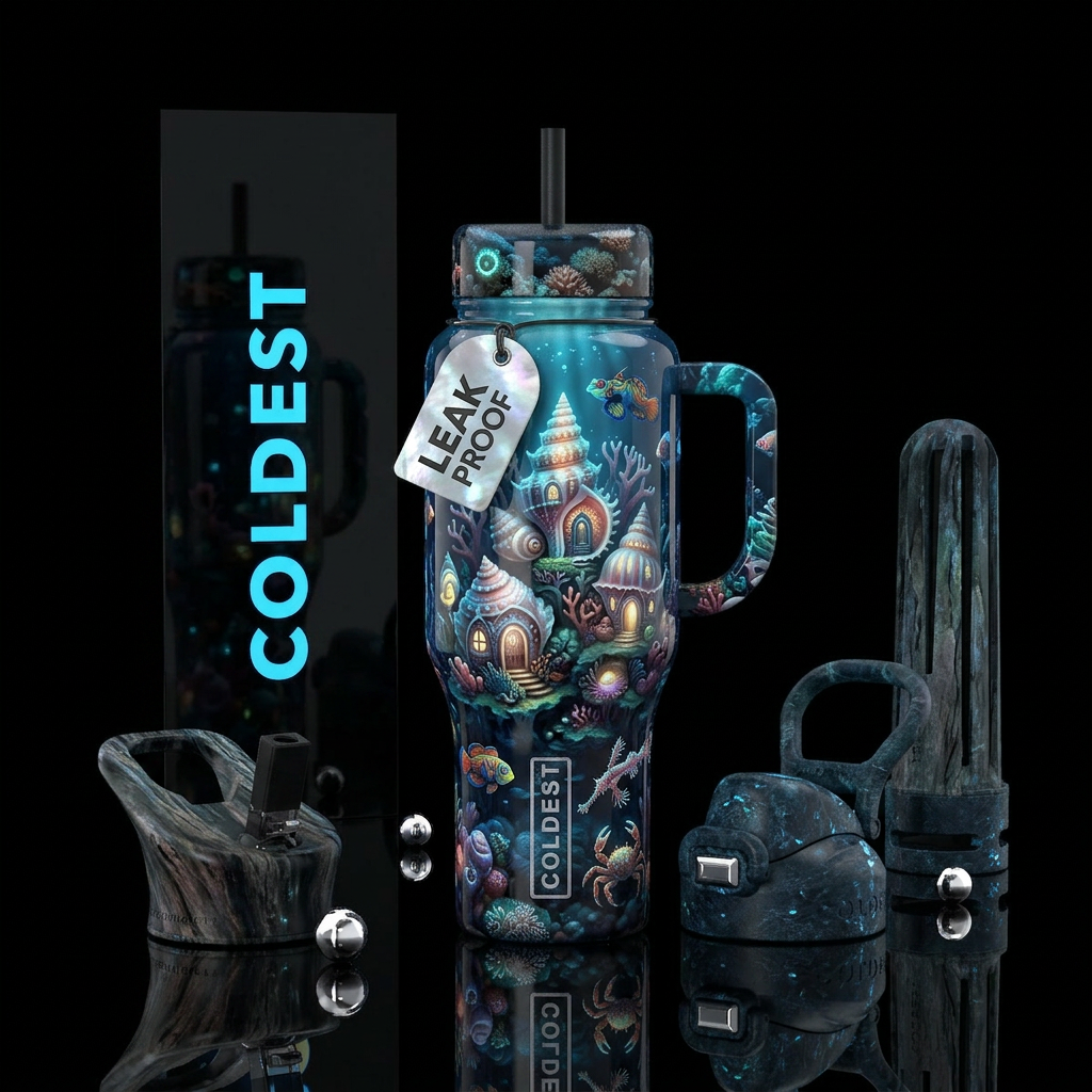 Whimsical seashell homes underwater, glossy, glowi... water bottle design
