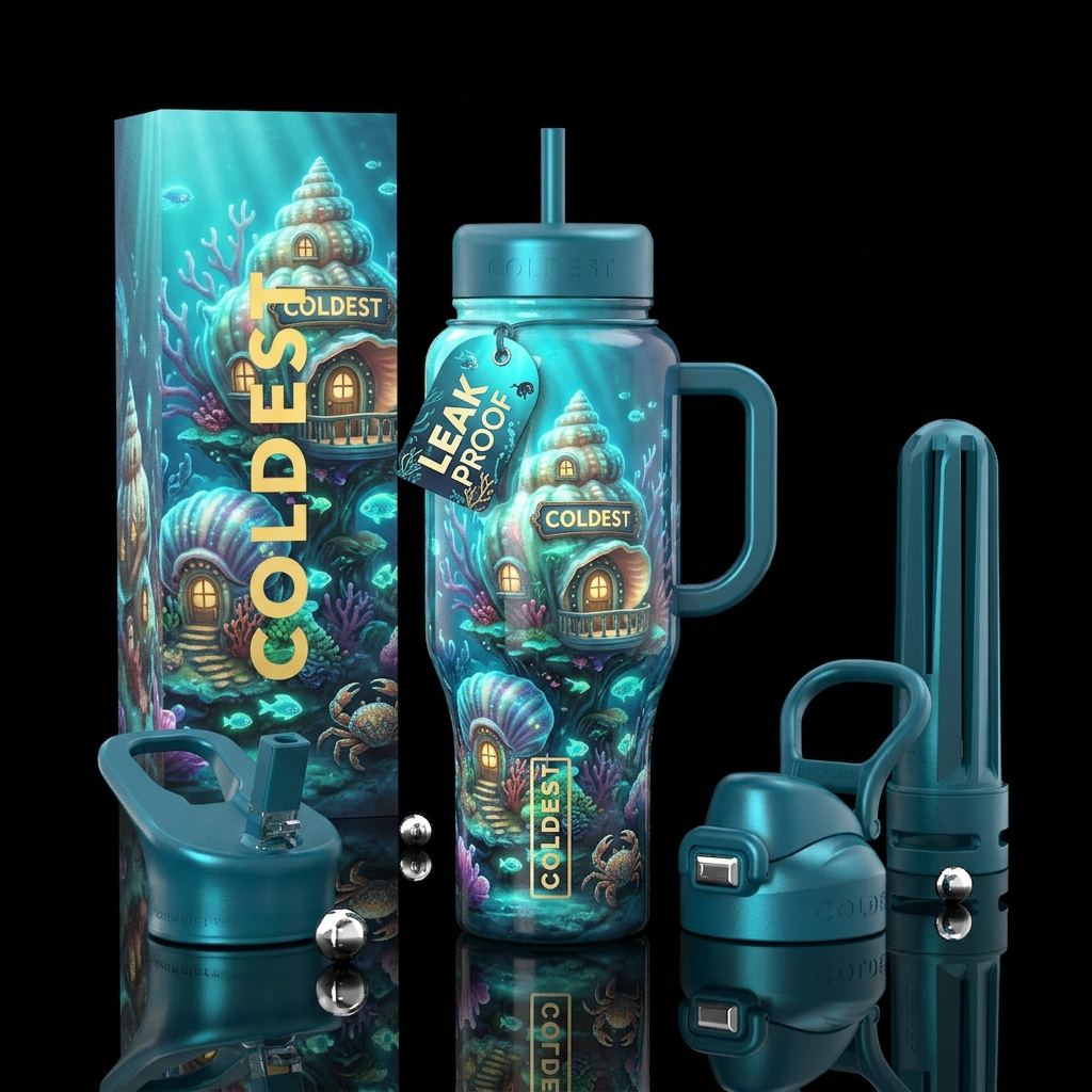 Whimsical seashell homes underwater, glossy, glowi... water bottle design