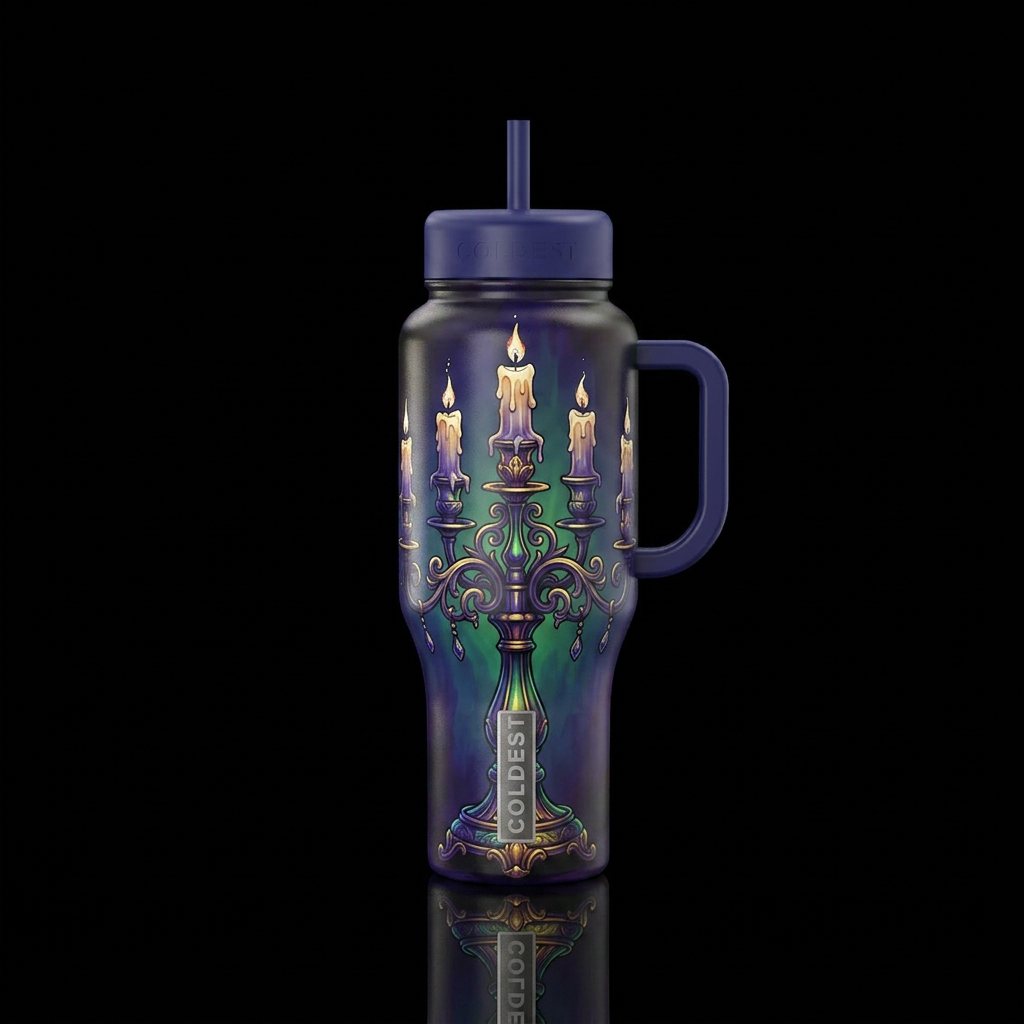 Gothic candelabra ,trompe-l'œil water bottle design