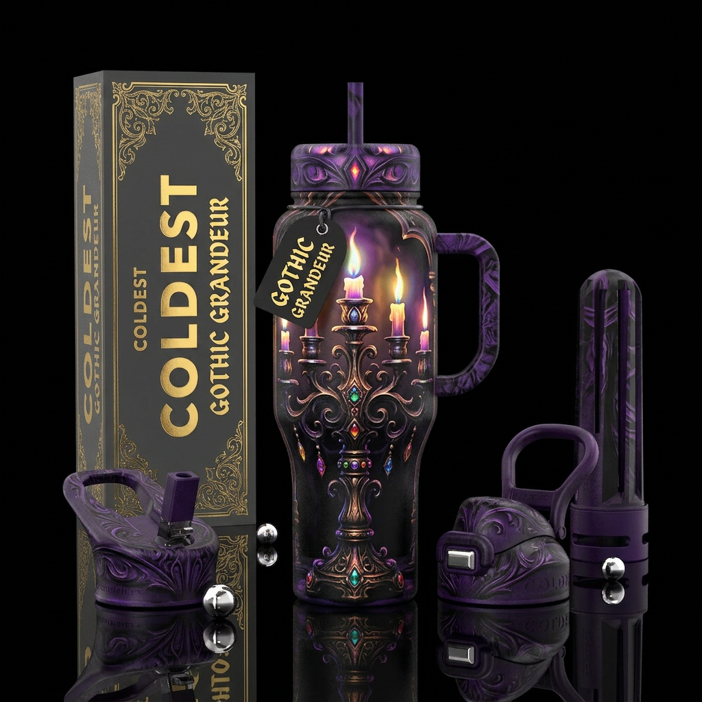 Gothic candelabra ,trompe-l'œil, glossy, glowie water bottle design