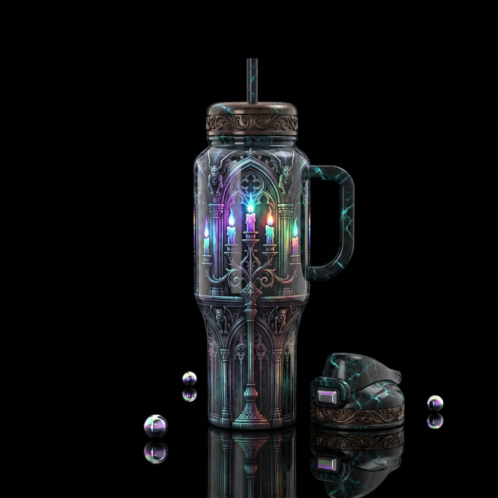 Gothic candelabra ,trompe-l'œil, glossy, glowie water bottle design