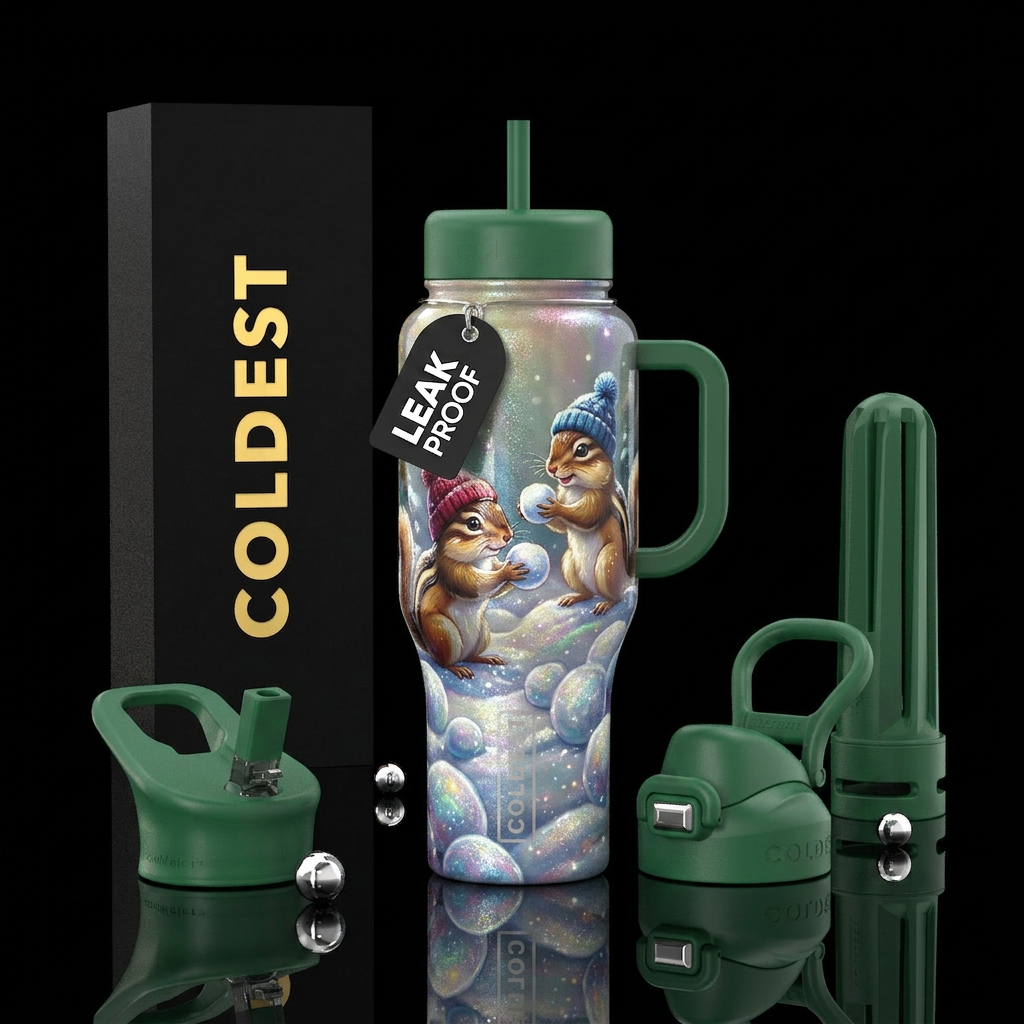 Two cute chipmunks with winter hats on having a sn... water bottle design