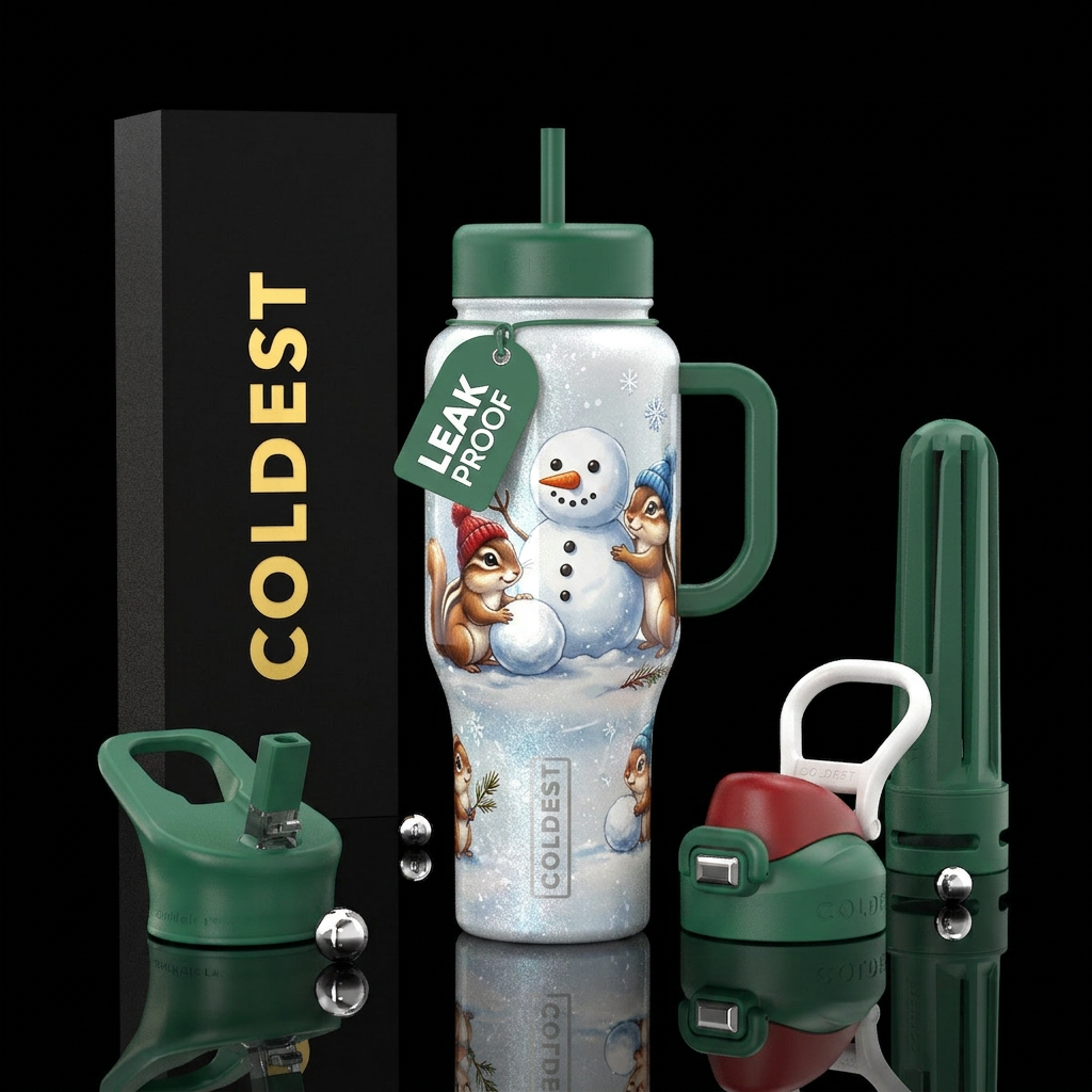 Two cute chipmunks with winter hats on making a sn... water bottle design