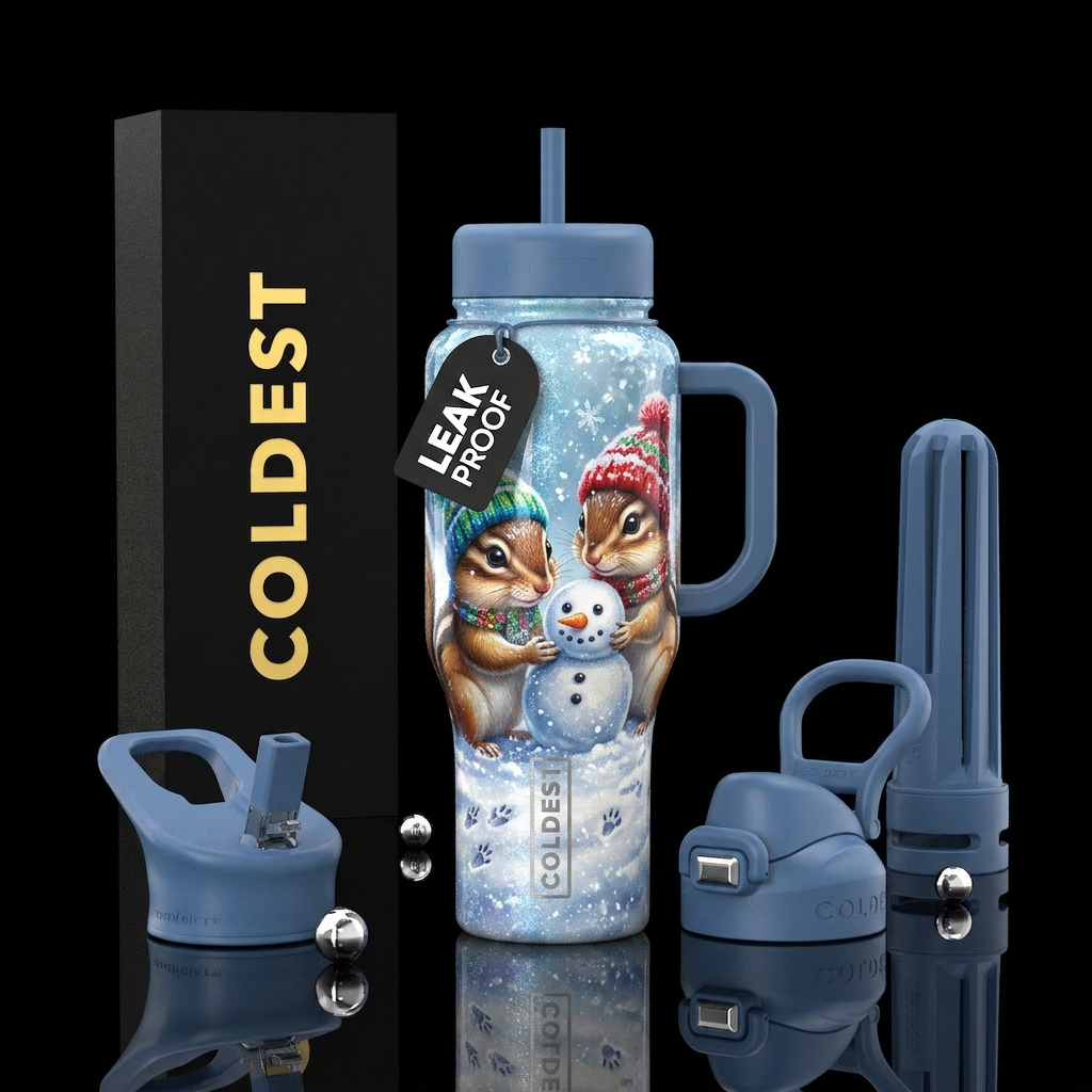 Two cute chipmunks with winter hats on making a sn... water bottle design