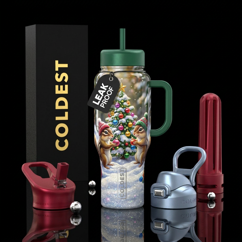 Two cute chipmunks with winter hats on drcorating ... water bottle design