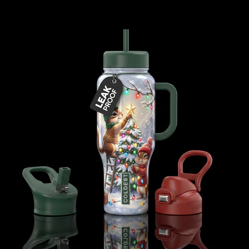 Two cute chipmunks with winter hats on drcorating ... water bottle design