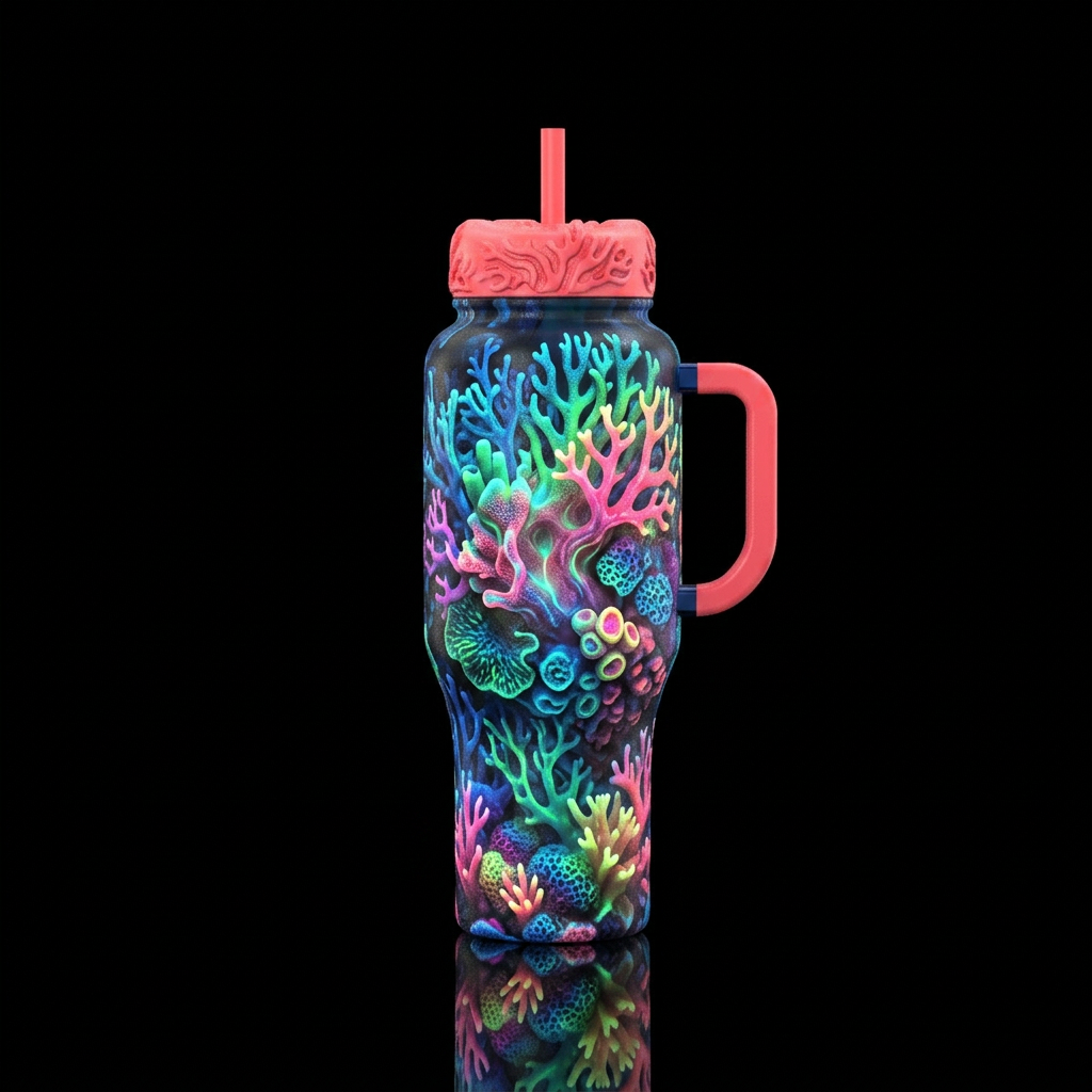 Bioluminescent coral, glowie, glossy, trompe-l'œil... water bottle design
