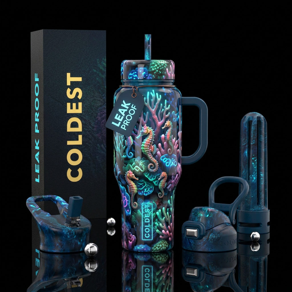 Bioluminescent coral, glowie, glossy, trompe-l'œil... water bottle design