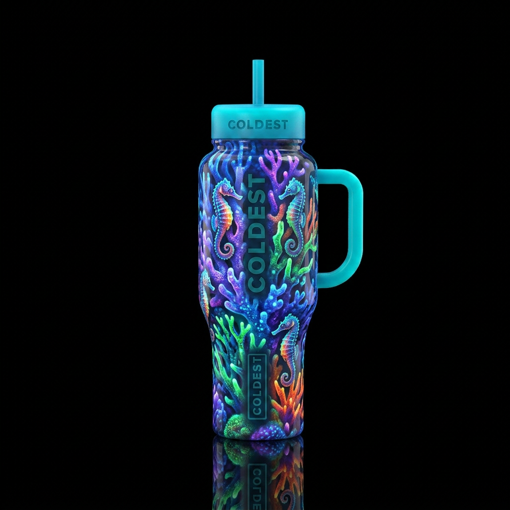 Bioluminescent coral, glowie, glossy, trompe-l'œil... water bottle design