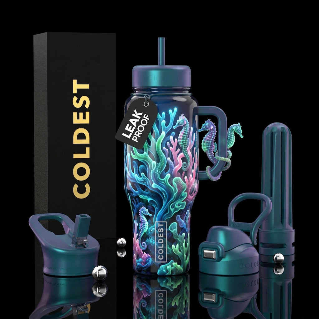 Bioluminescent coral, glowie, glossy, trompe-l'œil... water bottle design