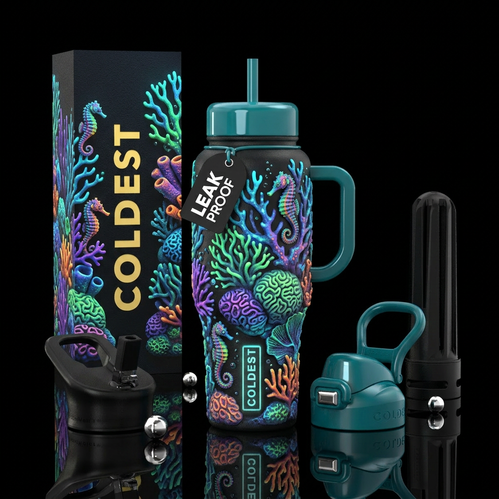 Bioluminescent coral, glowie, glossy, trompe-l'œil... water bottle design