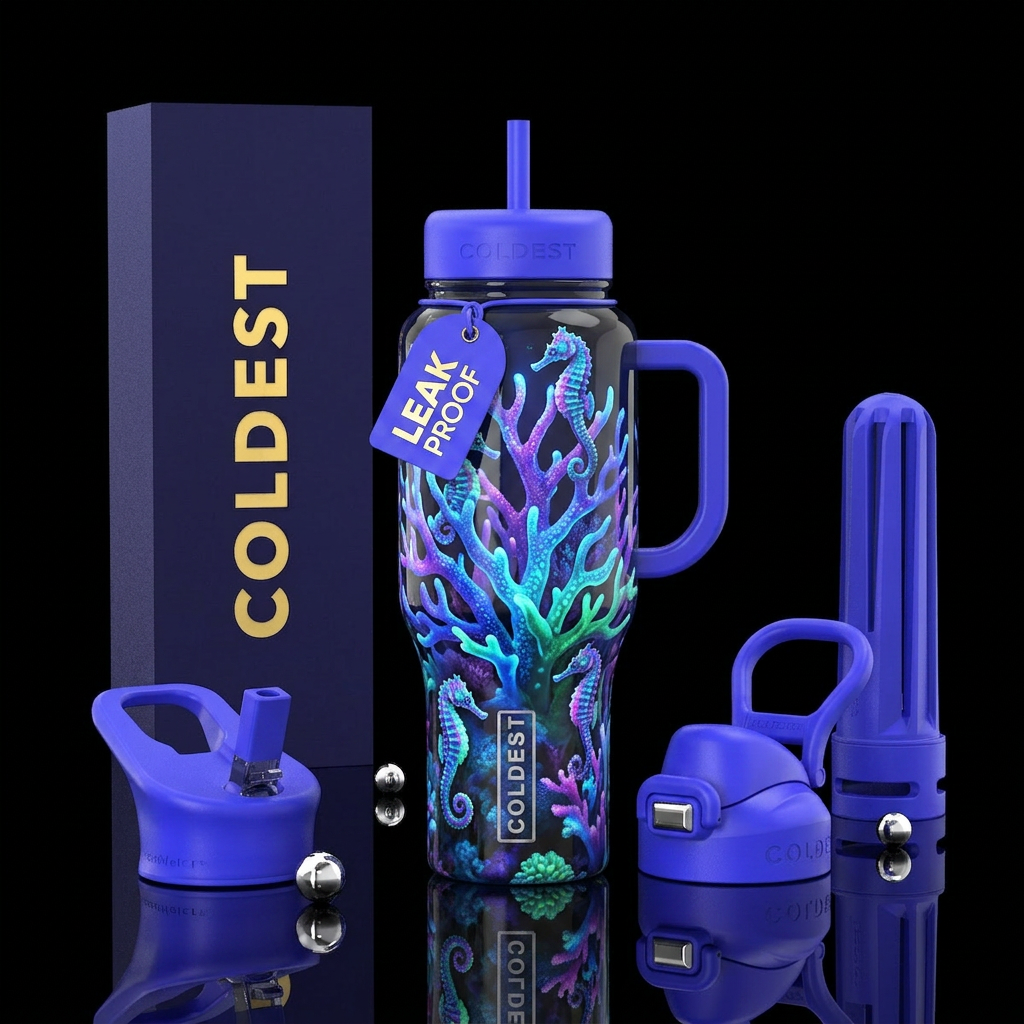 Bioluminescent coral, glowie, glossy, trompe-l'œil... water bottle design