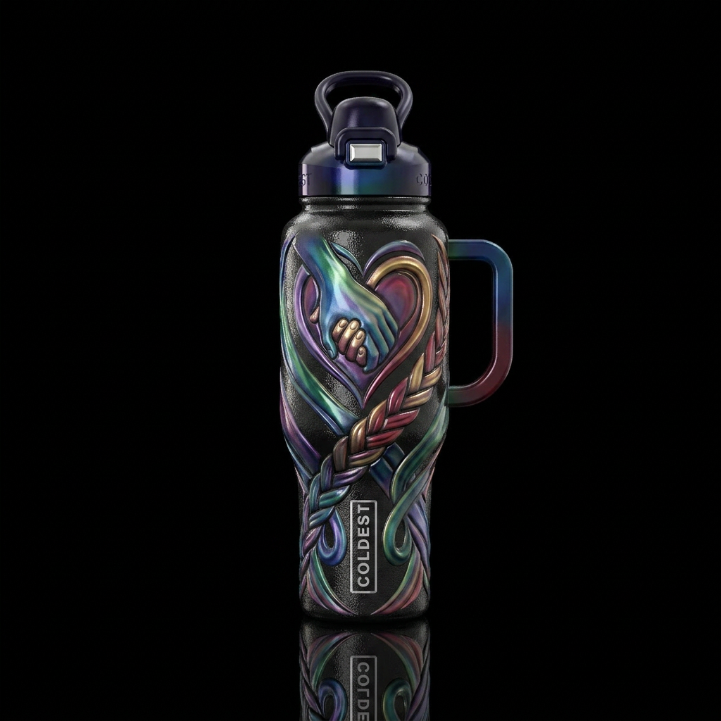 Caring, hope, love, strenghth,glossy, trompe-l'œil water bottle design