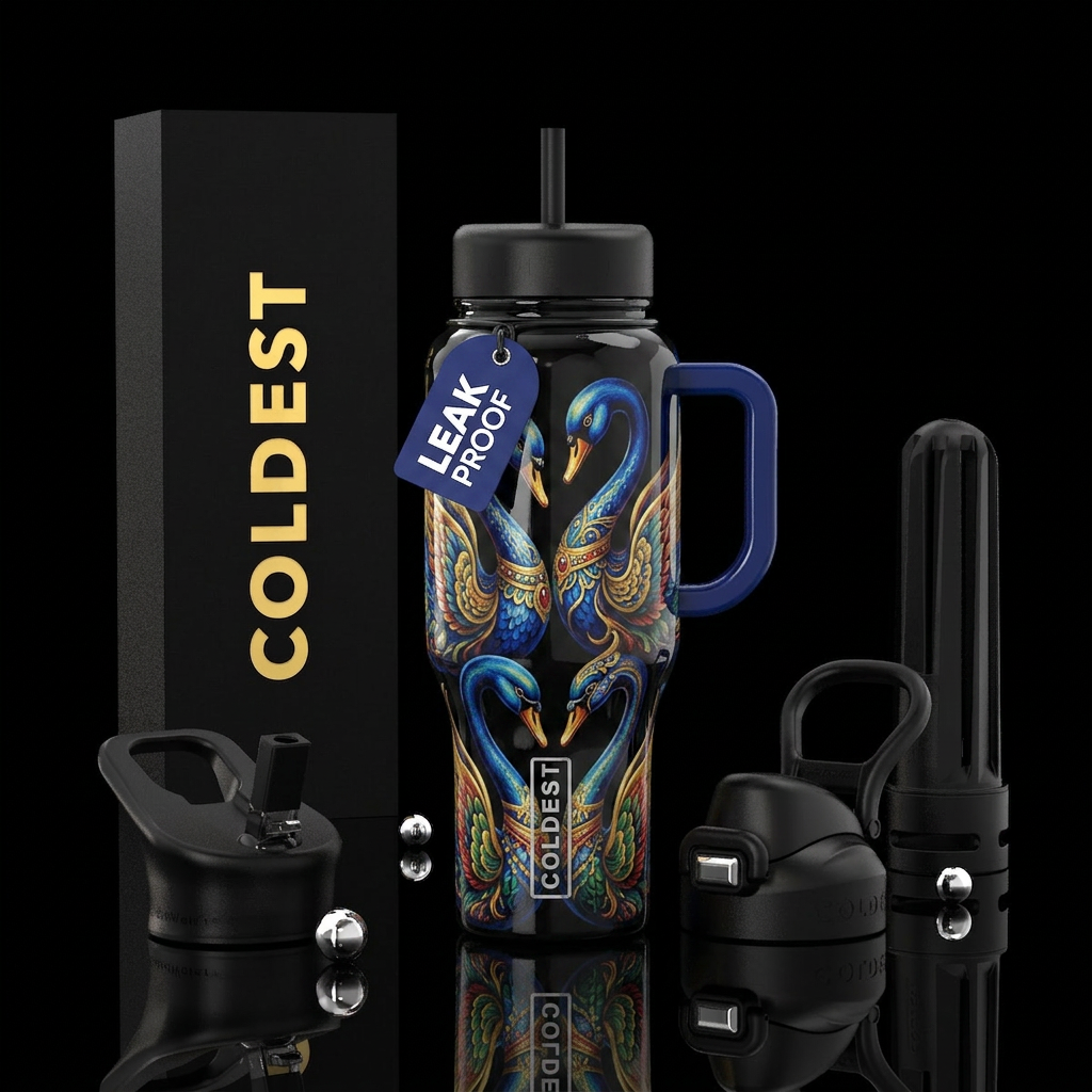 playful, swan,glossy, trompe-l'œil, alluring water bottle design