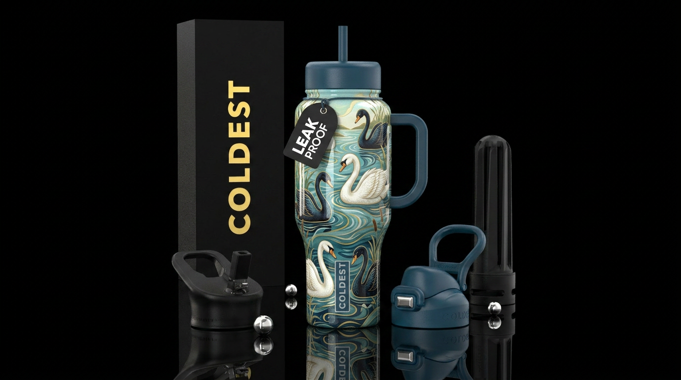 playful, swan,glossy, trompe-l'œil, alluring, lake water bottle design