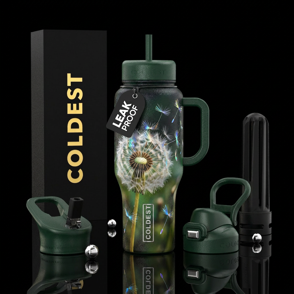 Round dandelion flower gone to seed, the seeds bei... water bottle design