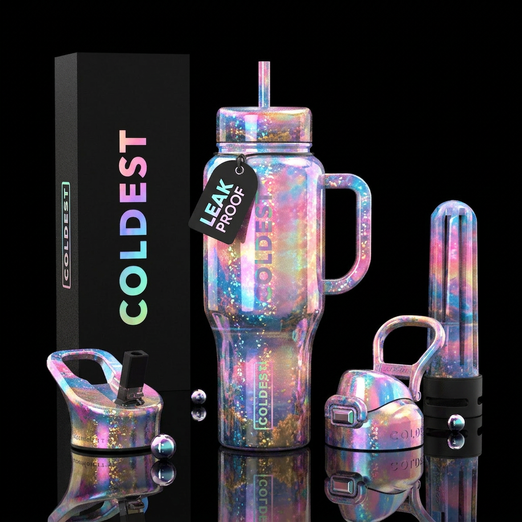 holographic and scatter,glossy, trompe-l'œil, allu... water bottle design