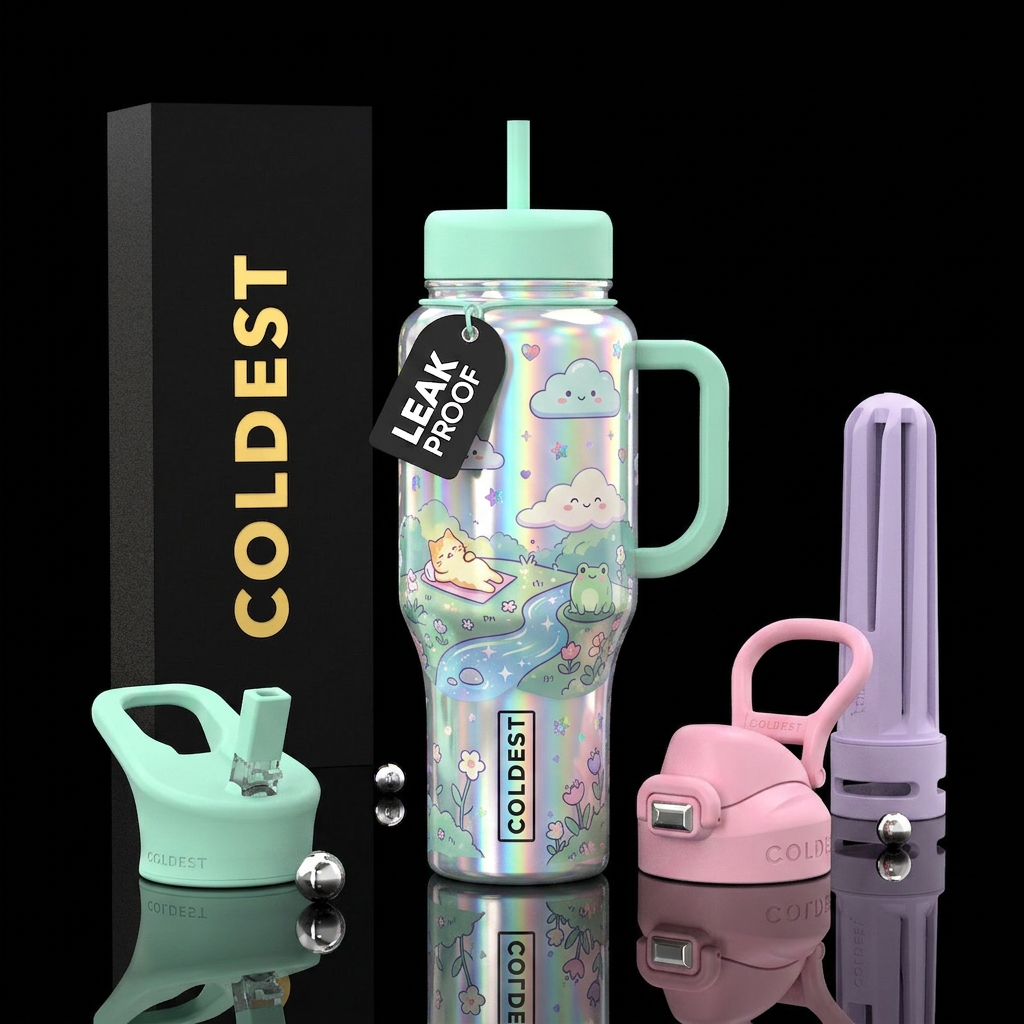 holographic and scatter,glossy, trompe-l'œil, allu... water bottle design