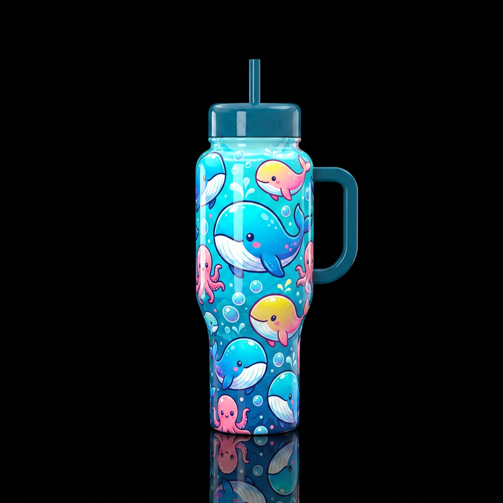 ,glossy, trompe-l'œil, alluring, kawaii,, whale water bottle design