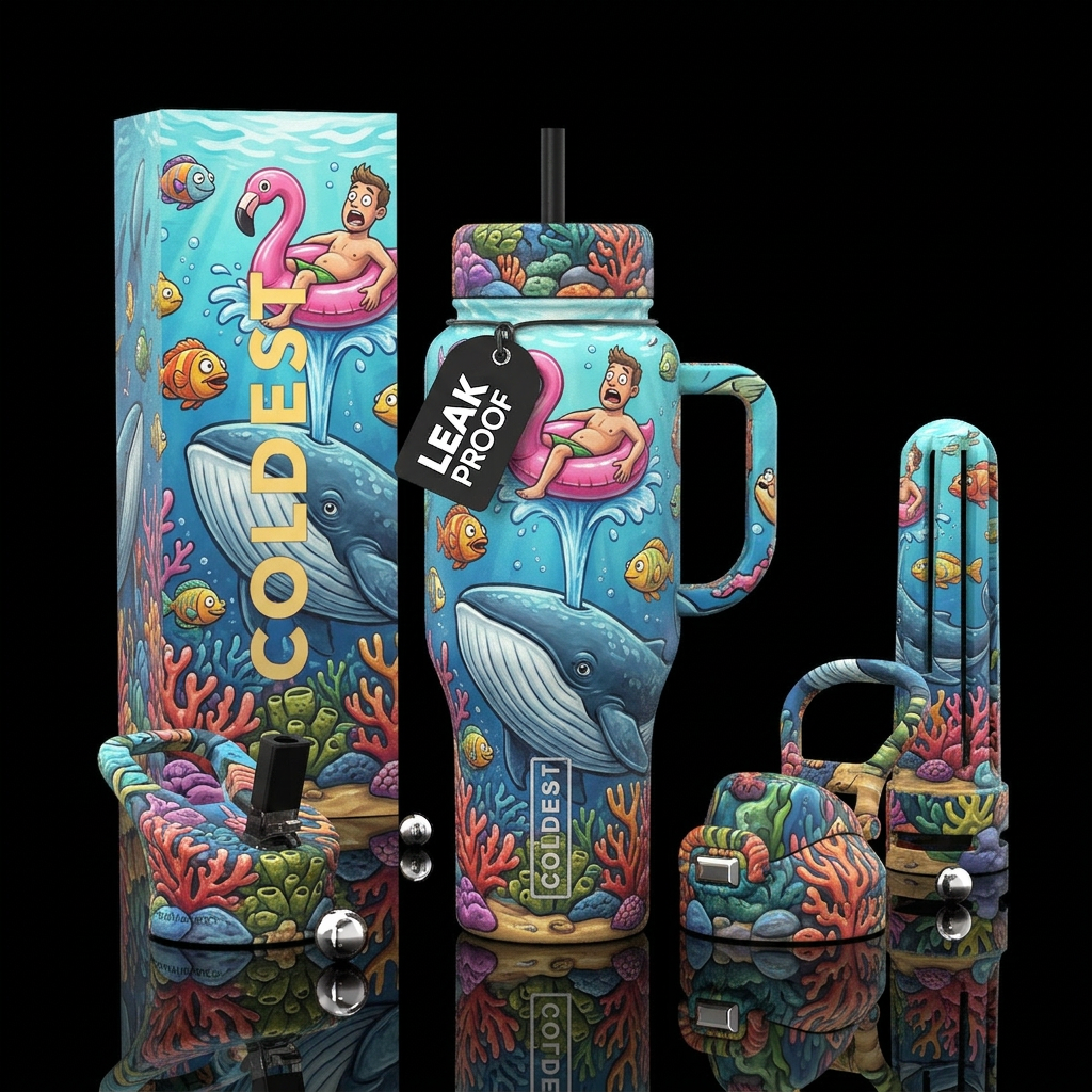Whale directly underneath man in flamingo intertub... water bottle design