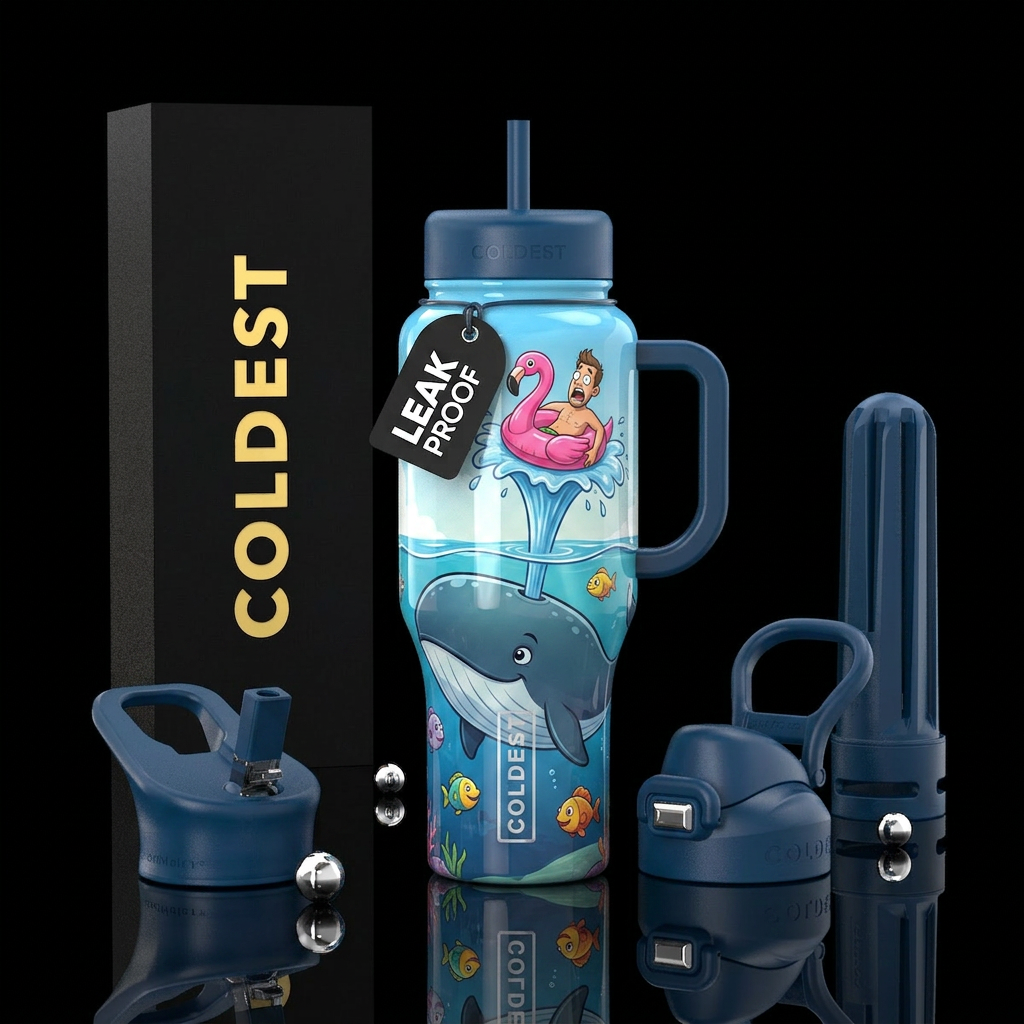 Whale directly underneath man in flamingo intertub... water bottle design