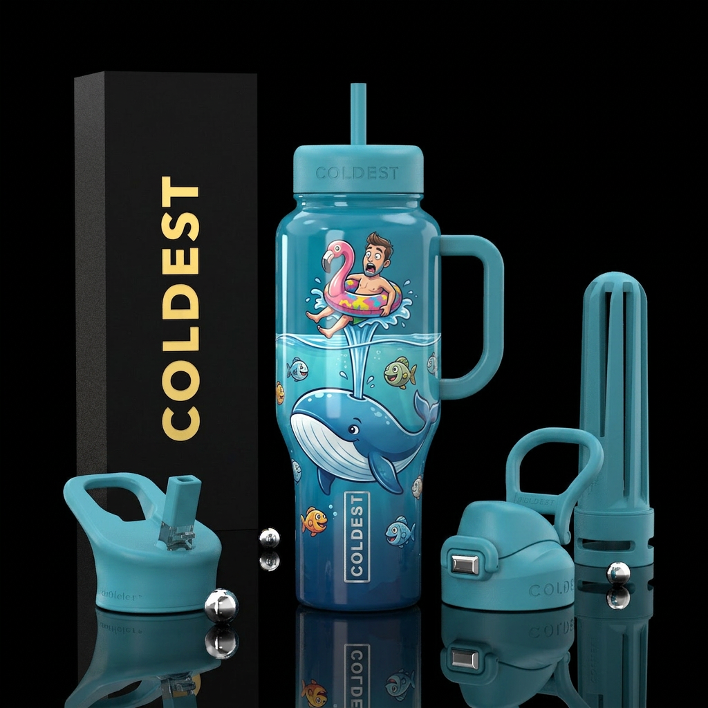 Whale directly underneath man in flamingo intertub... water bottle design