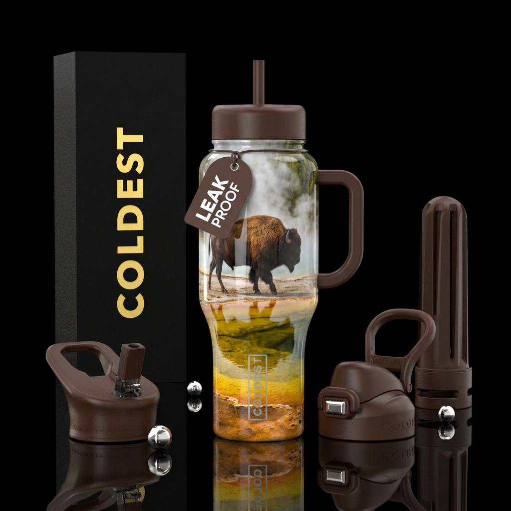 Bison walking past a hot pool at Yellowstone, glos... water bottle design