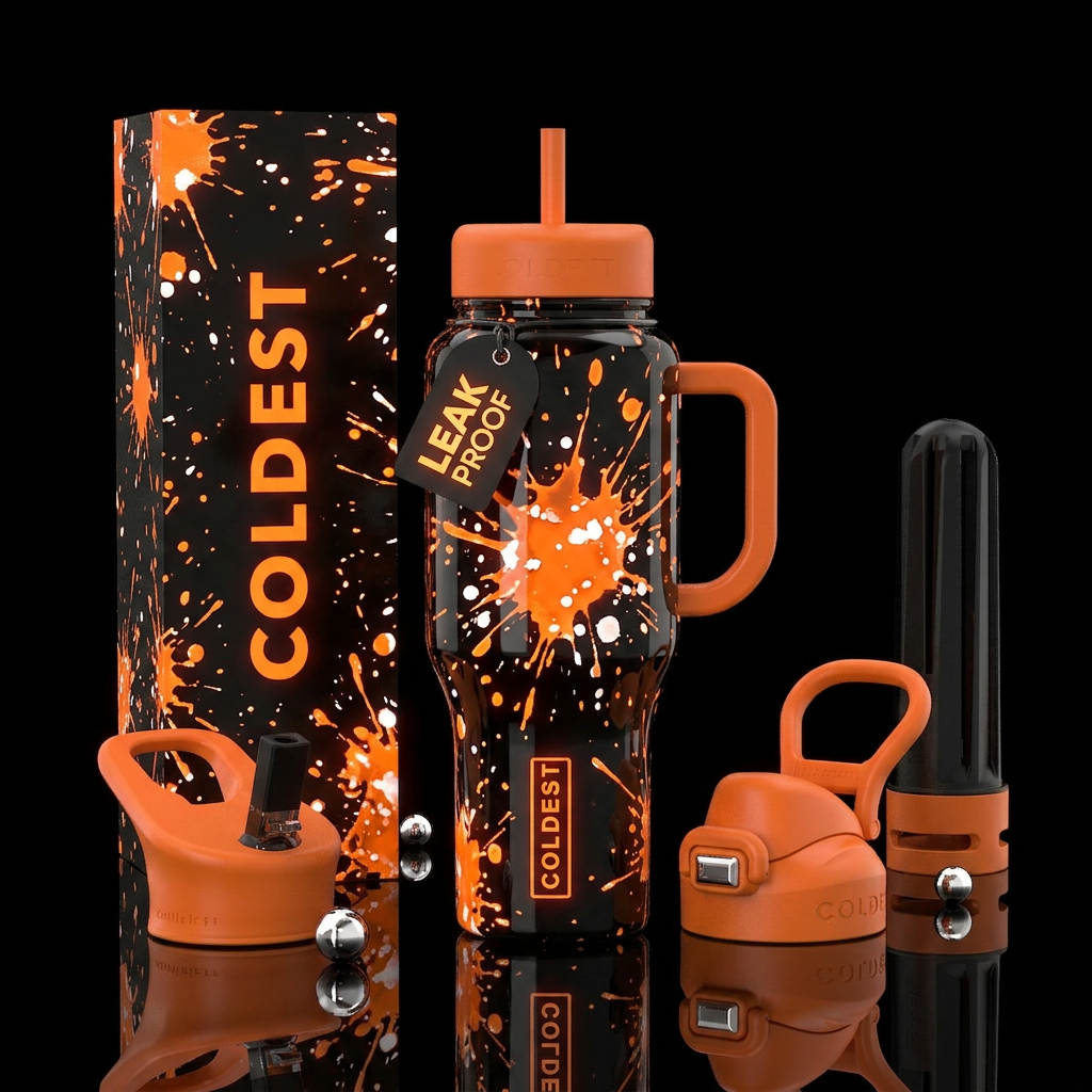 Orange and white splatter, black background, gloss... water bottle design