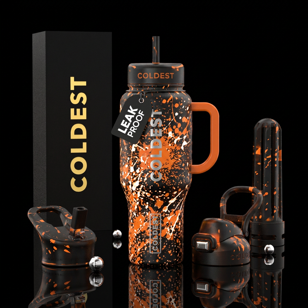 Orange and white splatter, black background, gloss... water bottle design