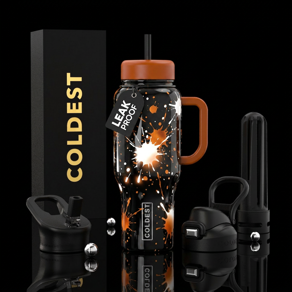 White and orange splatter, black background, gloss... water bottle design