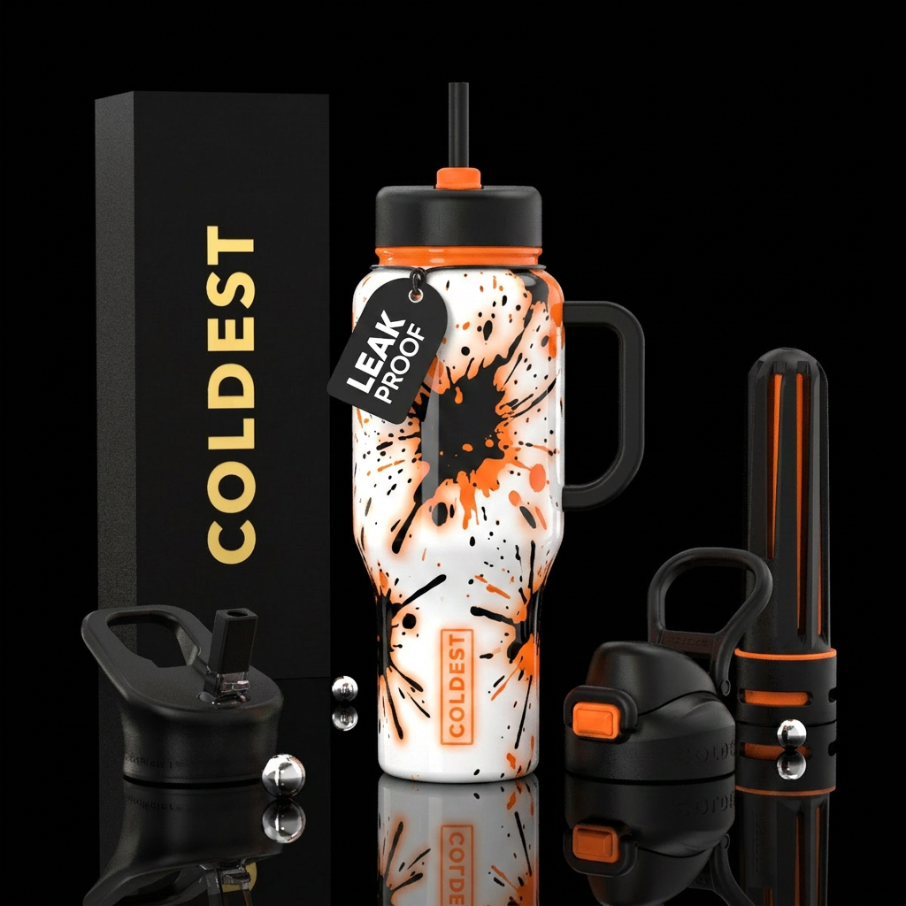 Black and orange splatter, white background, gloss... water bottle design