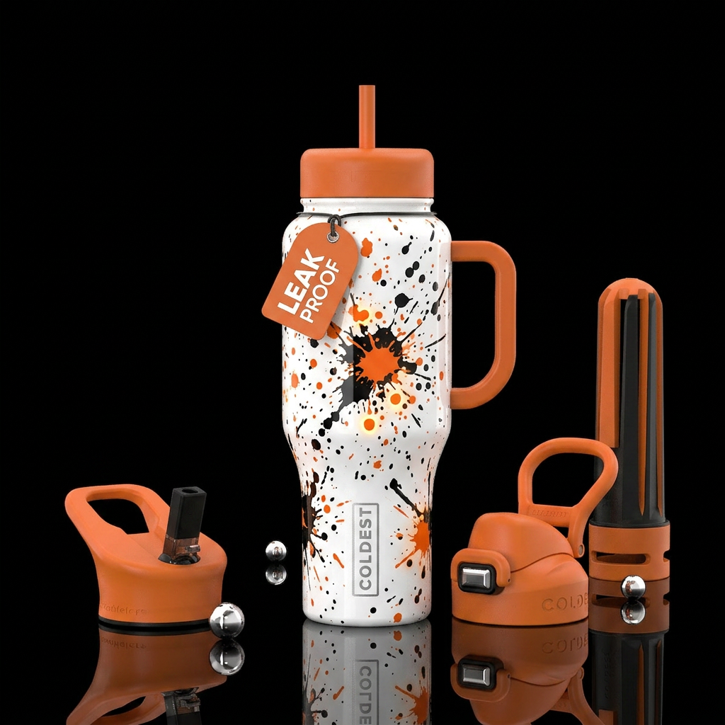 Black and orange splatter, white background, gloss... water bottle design