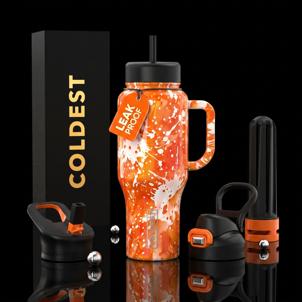 Black and orange splatter, white background, gloss... water bottle design