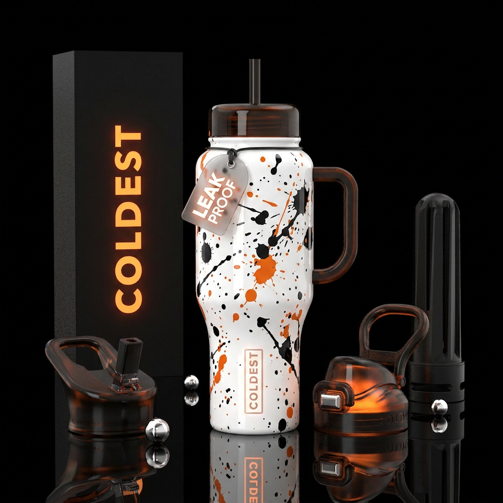 Black and orange splatter, white background, gloss... water bottle design