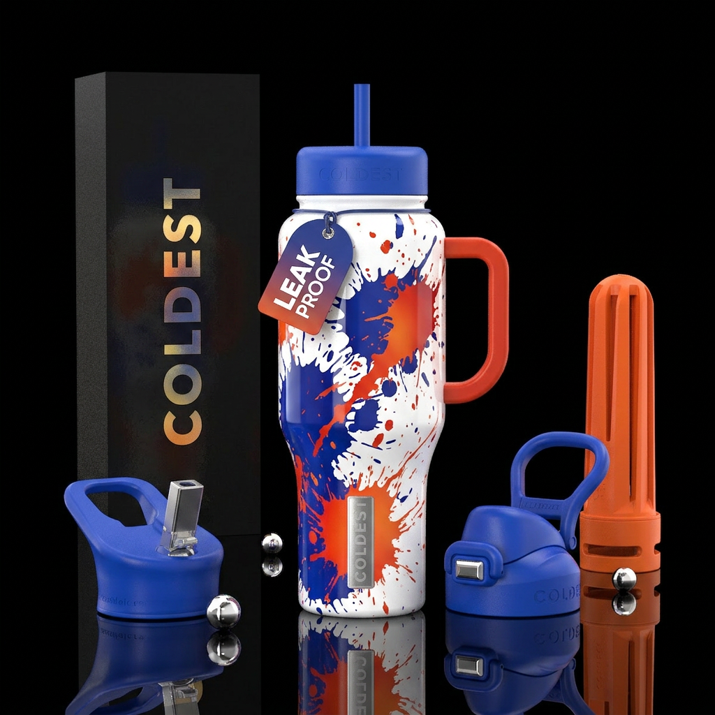Blue and orange splatter, white background, glossy... water bottle design