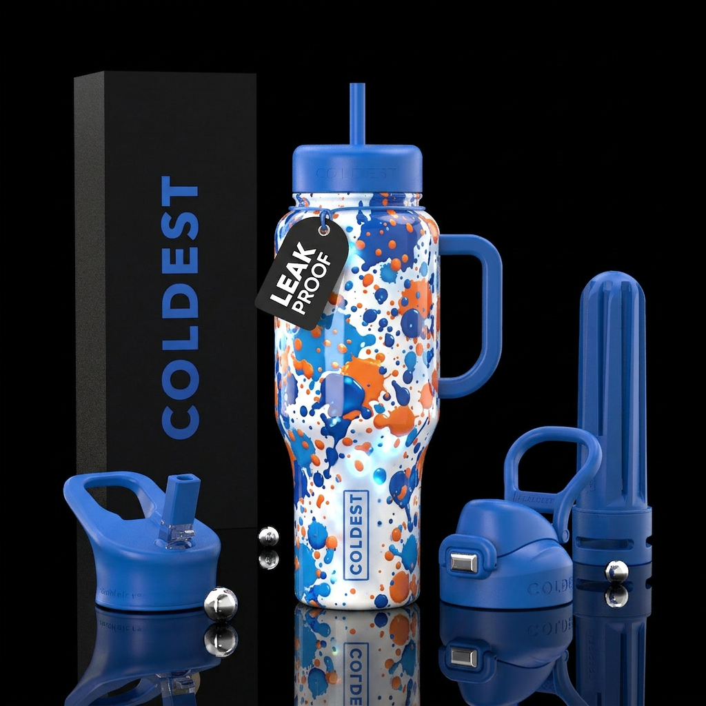 Blue and orange splatter, white background, glossy... water bottle design