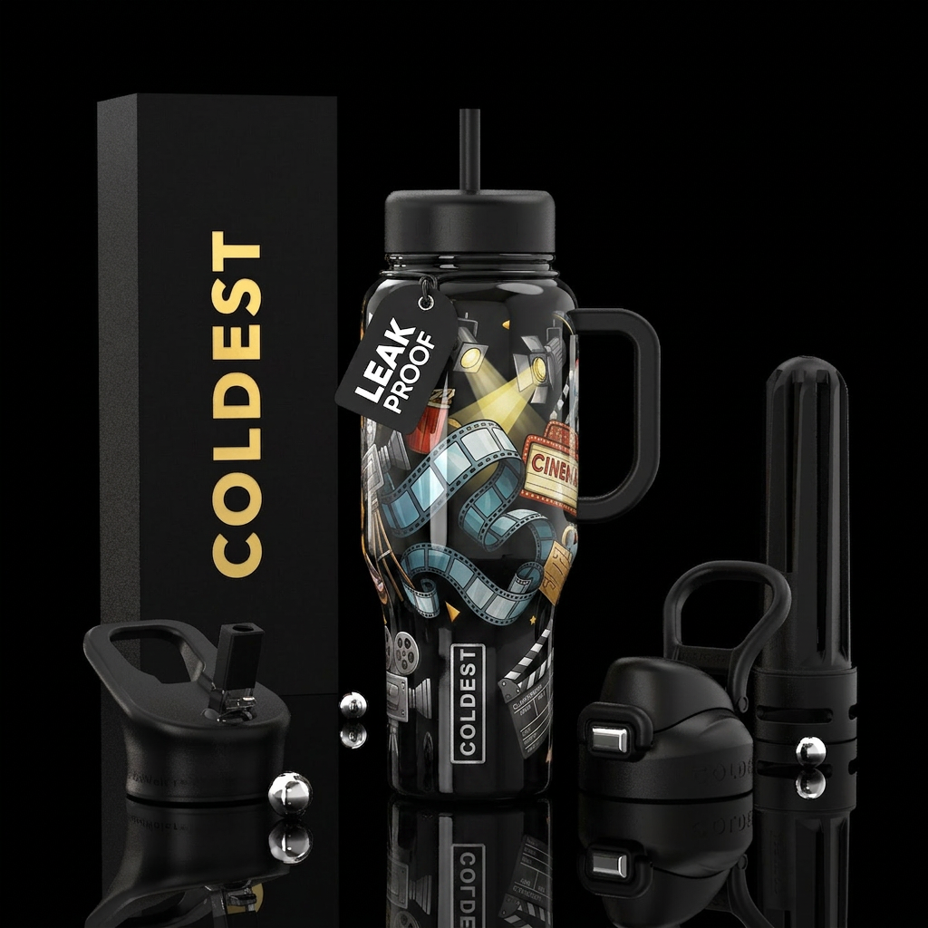 Lights camera action, cinema bottle, rolls of film... water bottle design