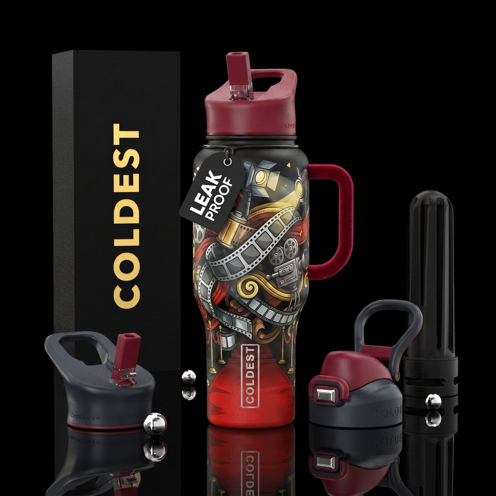Lights camera action, cinema bottle, rolls of film... water bottle design