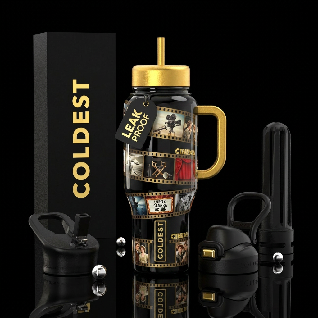 Lights camera action, cinema bottle, rolls,glossy,... water bottle design