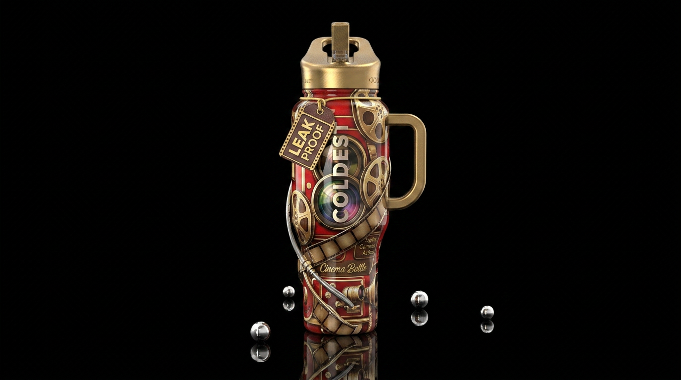 Lights camera action, cinema bottle, rolls,glossy,... water bottle design